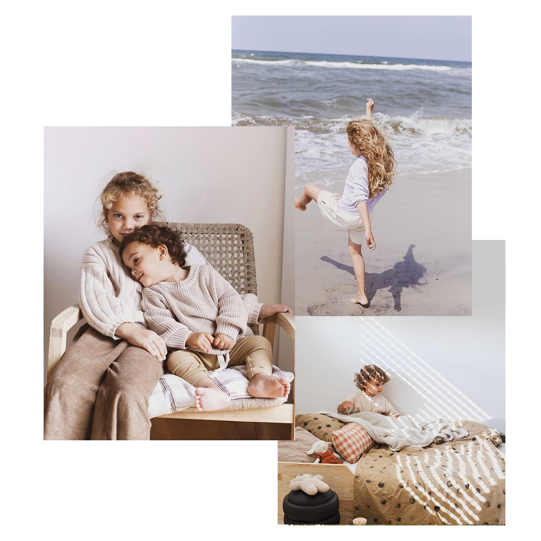 Collage of children in various settings including a beach, indoor scene, and bedroom.