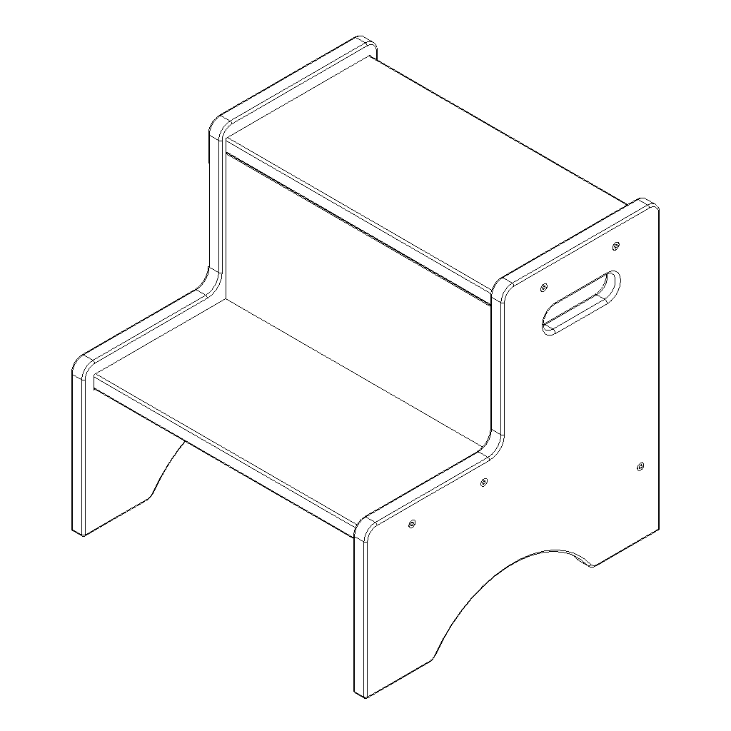 Line drawing of a step stool with a seat and backrest.