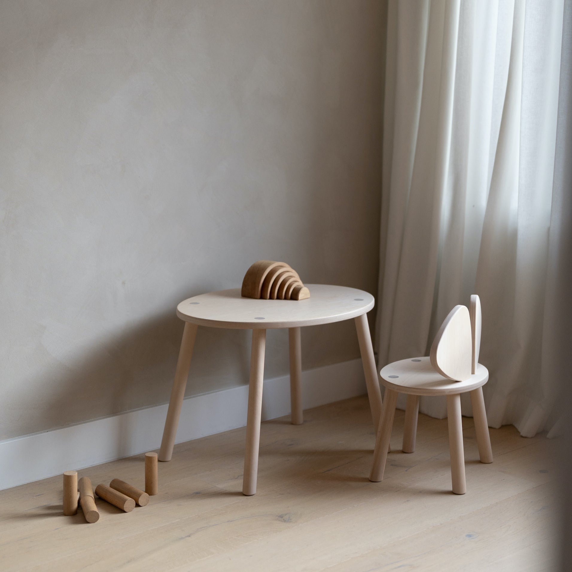 Nofred Birch Mouse Chair and Table Set with toys on it
