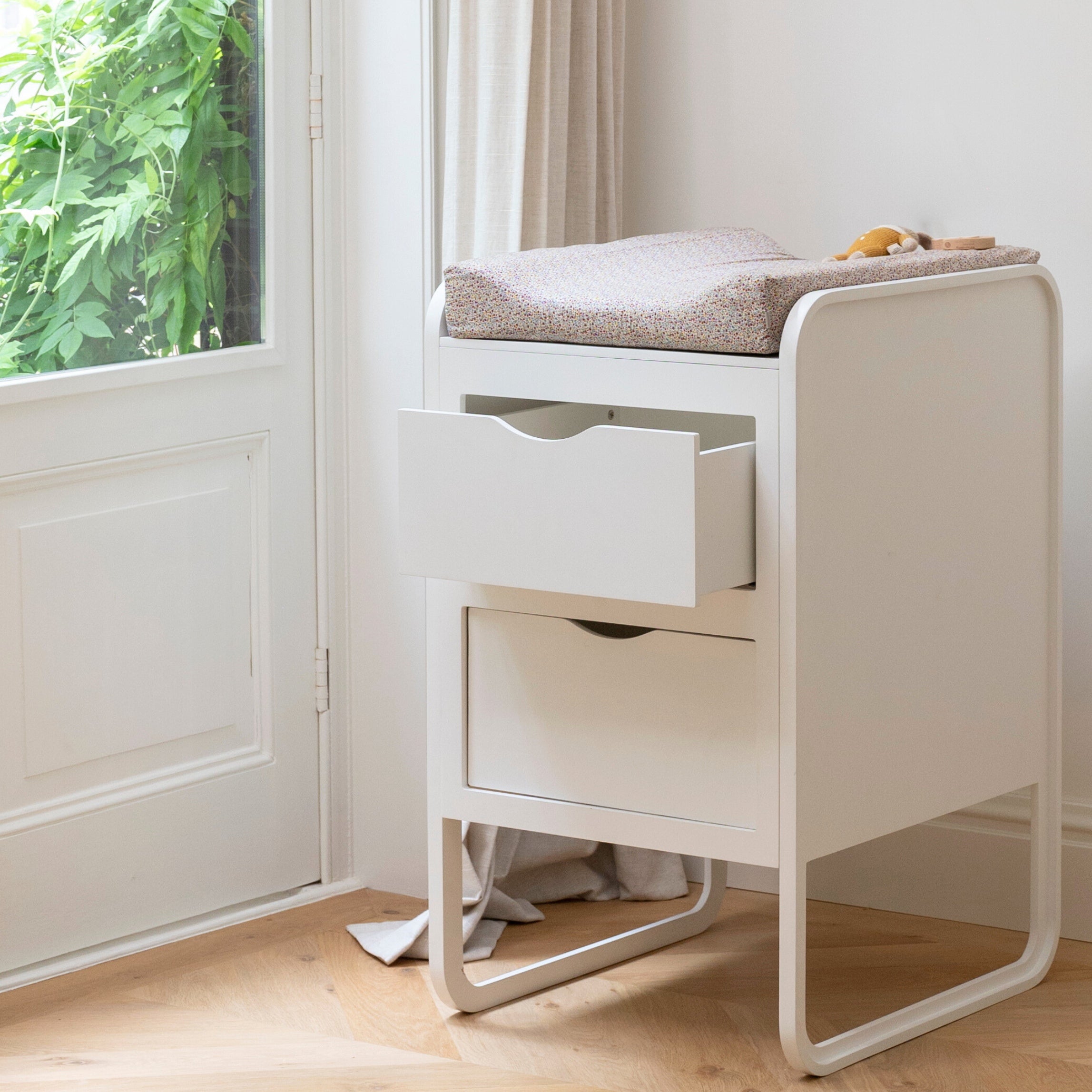 Nofred White Changing Table with a drawer open