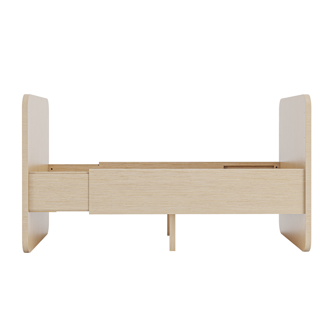 A minimalist light wood bed frame with integrated headboard and footboard, shown from a front-facing angle on a solid white background.