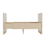 A minimalist light wood bed frame with integrated headboard and footboard, shown from a front-facing angle on a solid white background.