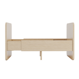 A minimalist light wood bed frame with integrated headboard and footboard, shown from a front-facing angle on a solid white background.