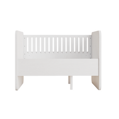 A white wooden toddler bed with a slatted backrest and solid side panels, shown from a front angle on a plain white background.