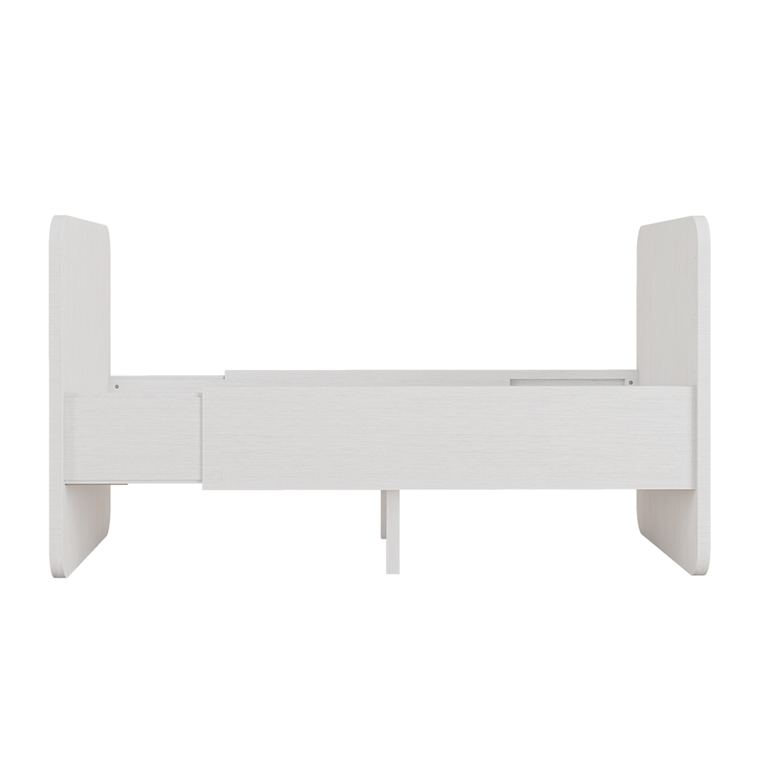 A white wooden bed frame with a low-profile platform style and integrated side drawers, shown from a front angle against a solid white background.