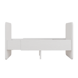 A white wooden bed frame with a low-profile platform style and integrated side drawers, shown from a front angle against a solid white background.