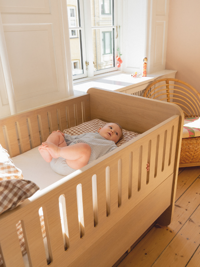 Baby lying in a wooden crib in a bright room with large windows.