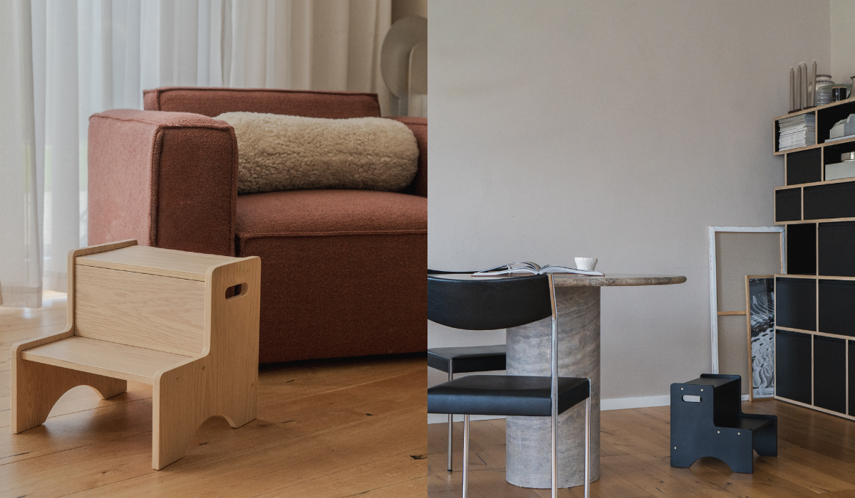 Collage of a wooden step stool, a chair with a cushion, and a small table in a room setting.