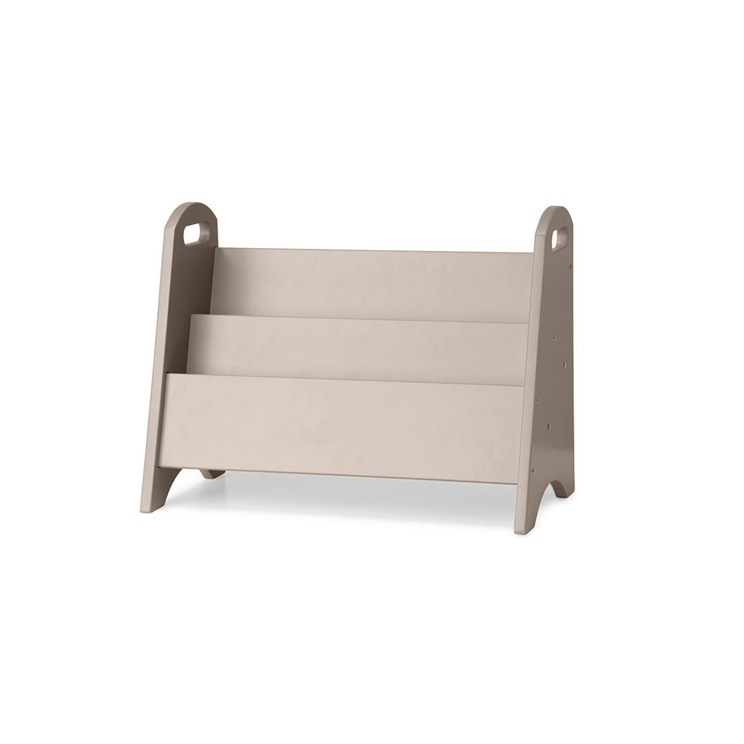 A minimalist three-step wooden magazine rack in a light beige finish, shown from a three-quarter angle on a clean white background.