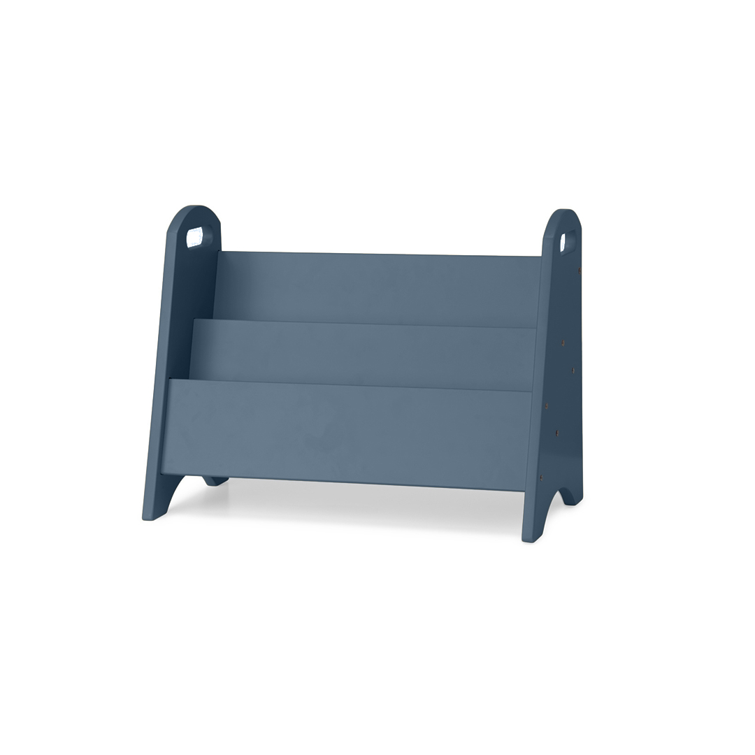 A three-step wooden magazine rack in a muted slate blue color, shown from a three-quarter angle on a clean white background.
