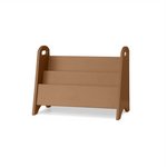A three-tier wooden magazine rack with integrated side handles, shown from a three-quarter angle on a clean white background.