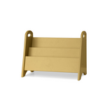A three-tier wooden magazine rack with integrated side handles, shown from a three-quarter angle on a clean white background.