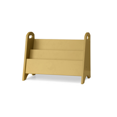 A three-tier wooden magazine rack with integrated side handles, shown from a three-quarter angle on a clean white background.