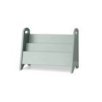 A three-tier wooden magazine rack in a muted sage green color, shown from a three-quarter angle on a plain white background.