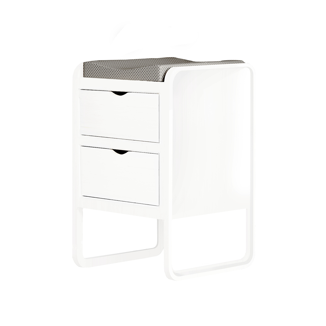 A modern white changing table or bedside cabinet with two drawers and a gray mesh changing pad on top, shown on a plain white background.
