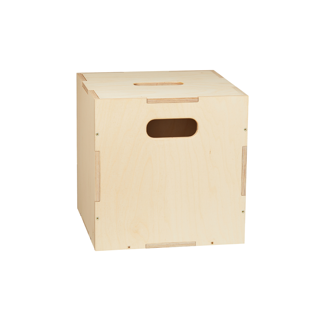 A light natural wood plywood box with cutout handles on the top and front, shown from a three-quarters angle on a solid white background.