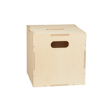 A light natural wood plywood box with cutout handles on the top and front, shown from a three-quarters angle on a solid white background.