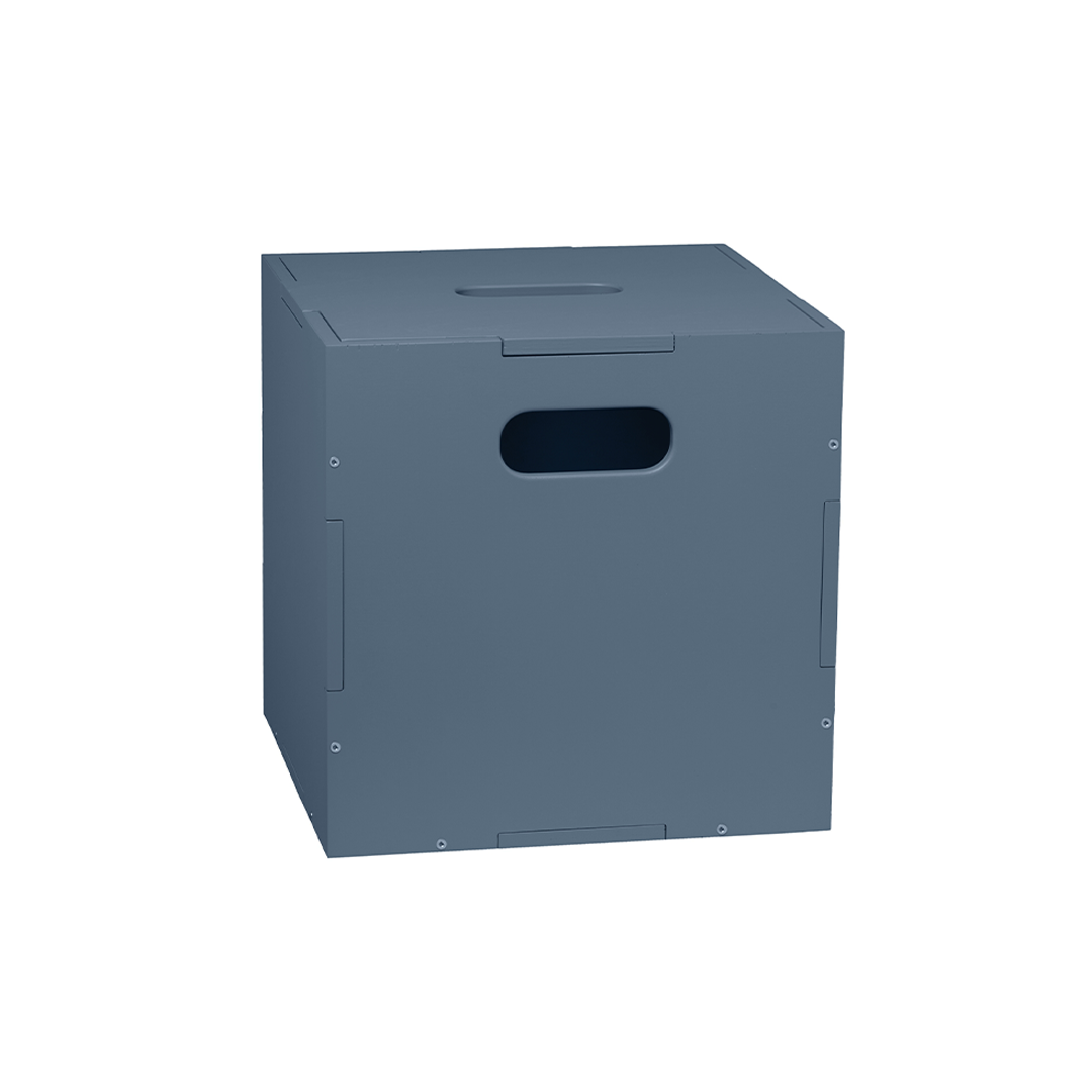 A dark slate blue-gray metal storage box with integrated handles on the front and sides, shown on a plain white background.