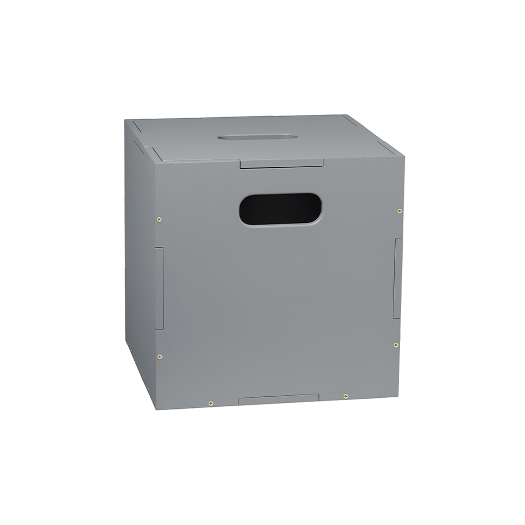 A gray metal utility box with integrated handles on the top and front, shown from a three-quarters perspective on a solid white background.