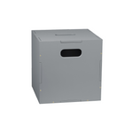 A gray metal utility box with integrated handles on the top and front, shown from a three-quarters perspective on a solid white background.