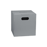 A gray metal utility box with integrated handles on the top and front, shown from a three-quarters perspective on a solid white background.