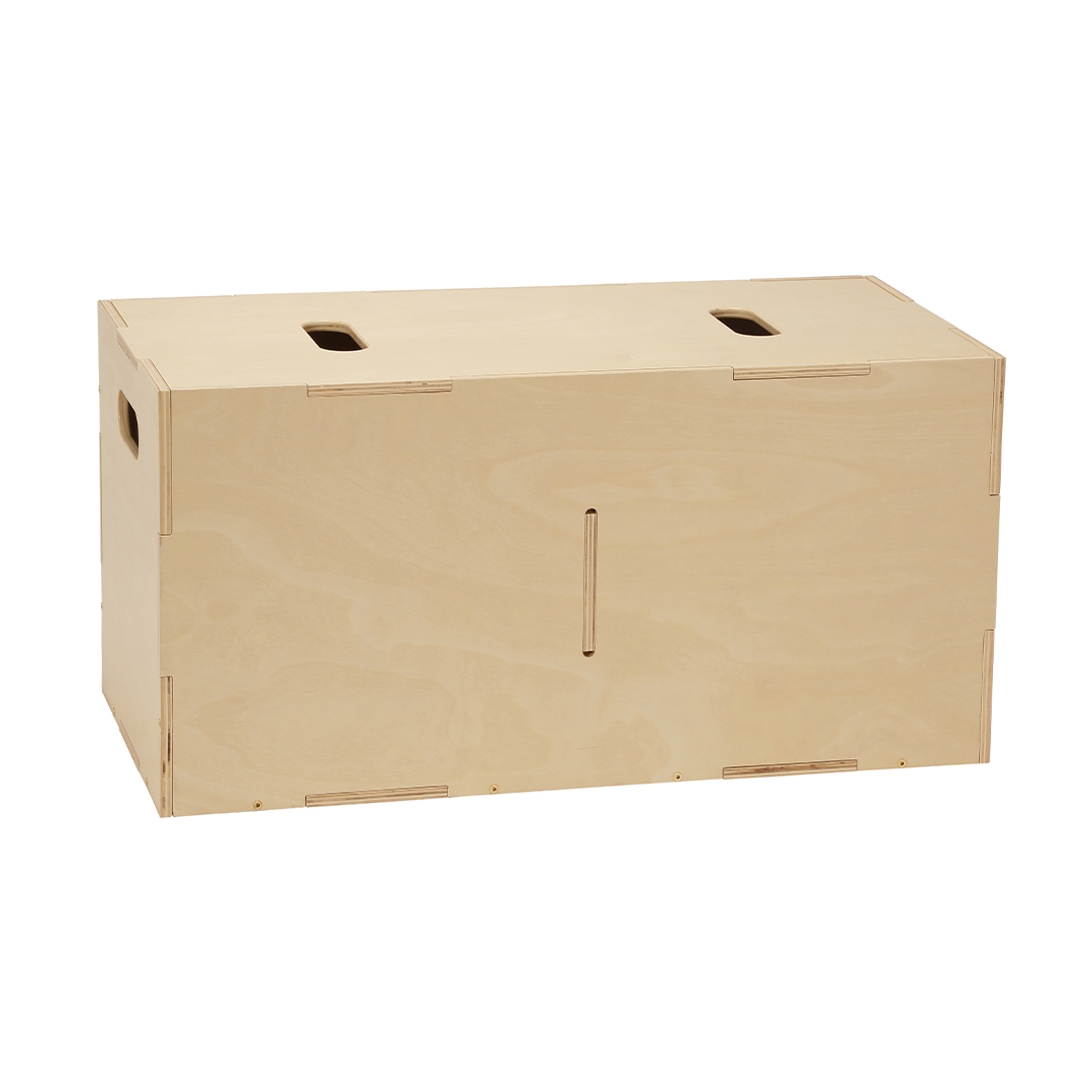 A light natural wood plywood storage box with pre-drilled holes on the lid and front, shown on a solid white background.