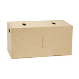 A light natural wood plywood storage box with pre-drilled holes on the lid and front, shown on a solid white background.