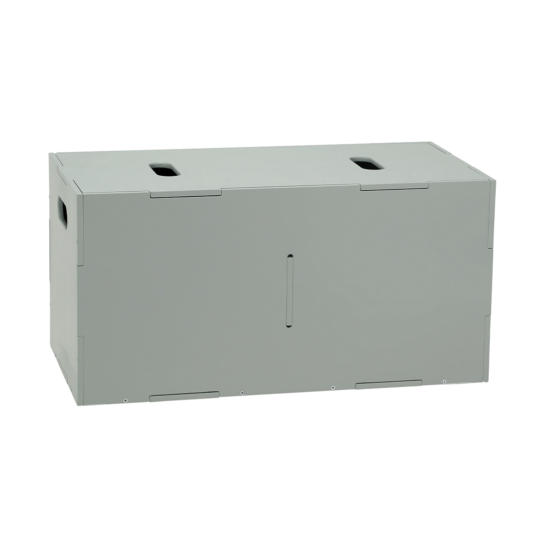 A light gray metal utility storage box with a front door, top handle cutouts, and side ventilation holes, shown on a plain white background.