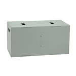 A light gray metal utility storage box with a front door, top handle cutouts, and side ventilation holes, shown on a plain white background.