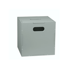 A gray metal storage box with a rectangular handle cutout on the front, shown at a three-quarter angle against a plain white background.