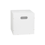 A white cardboard shipping box with a rectangular cutout handle on the front, shown at a three-quarter angle against a plain white background.