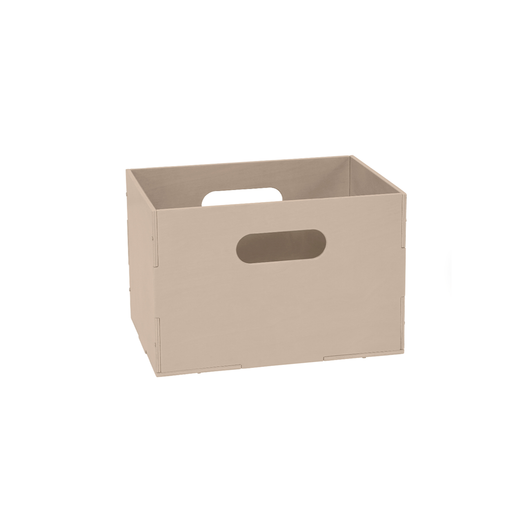 A light beige wooden storage crate with integrated handles, shown on a plain white background.