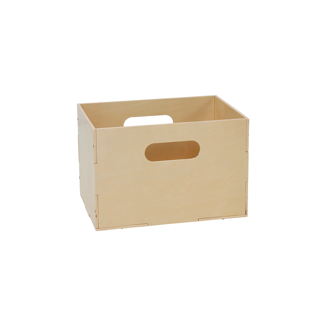 A light natural wood storage crate with integrated handles on the sides, shown on a plain white background.