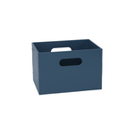 A dark blue-gray plastic storage crate with integrated handles, shown on a plain white background.