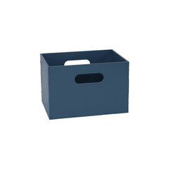 A dark blue-gray plastic storage crate with integrated handles, shown on a plain white background.