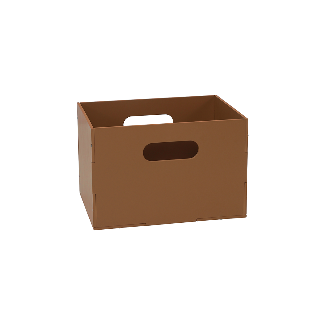 A brown wooden storage crate with integrated cutout handles, shown from a three-quarters perspective on a solid white background.