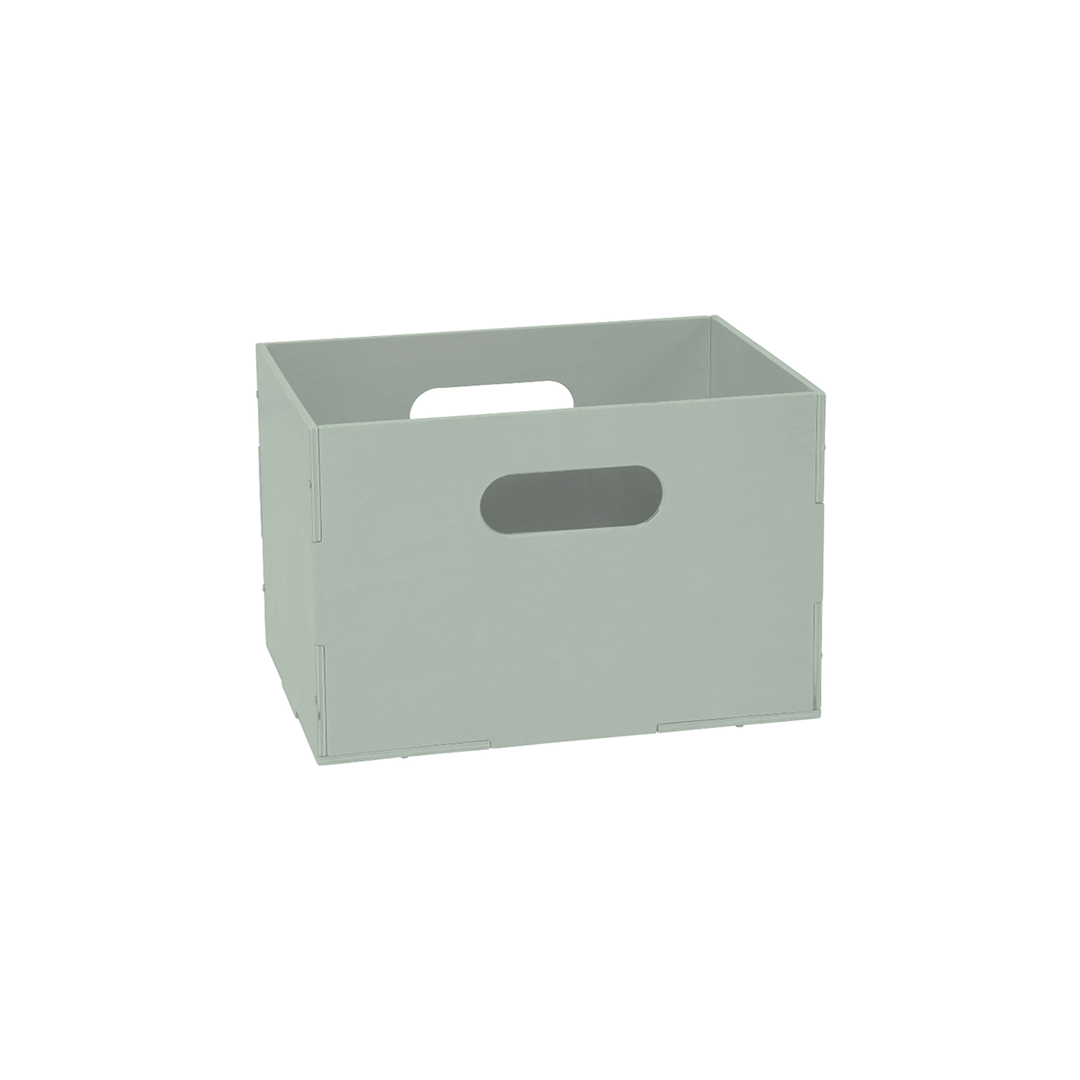A light sage green folding storage crate with integrated handles, shown on a plain white background.