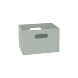 A light sage green folding storage crate with integrated handles, shown on a plain white background.