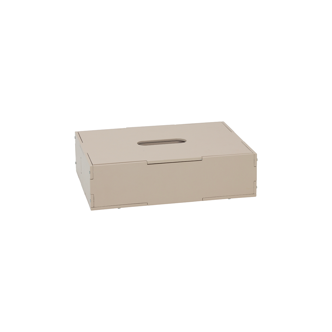 A minimalist beige cardboard tissue box cover with a rectangular handle cutout on top, shown on a plain white background.