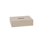 A minimalist beige cardboard tissue box cover with a rectangular handle cutout on top, shown on a plain white background.
