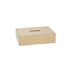 A light natural wood storage box with a slotted lid and fold-out sides, shown on a plain white background.