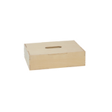 A light natural wood storage box with a slotted lid and fold-out sides, shown on a plain white background.