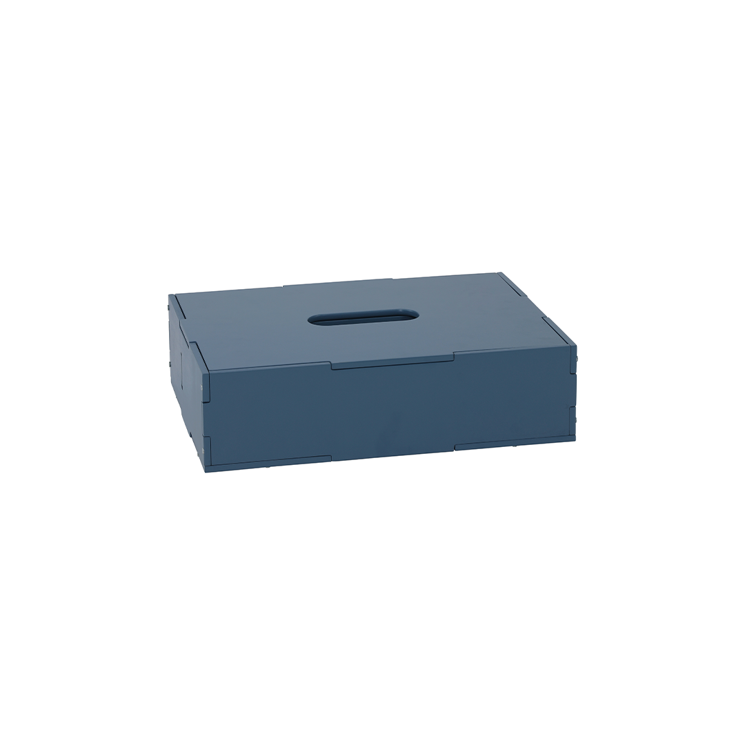 A dark blue-gray rectangular storage box with a handle cutout on top, shown on a plain white background.
