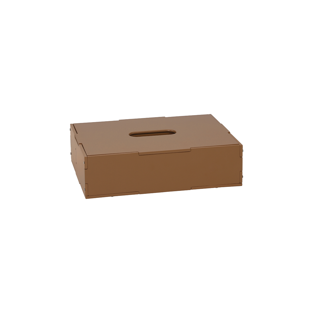 A brown cardboard tissue box package with a rectangular cutout handle on top, shown on a plain white background.