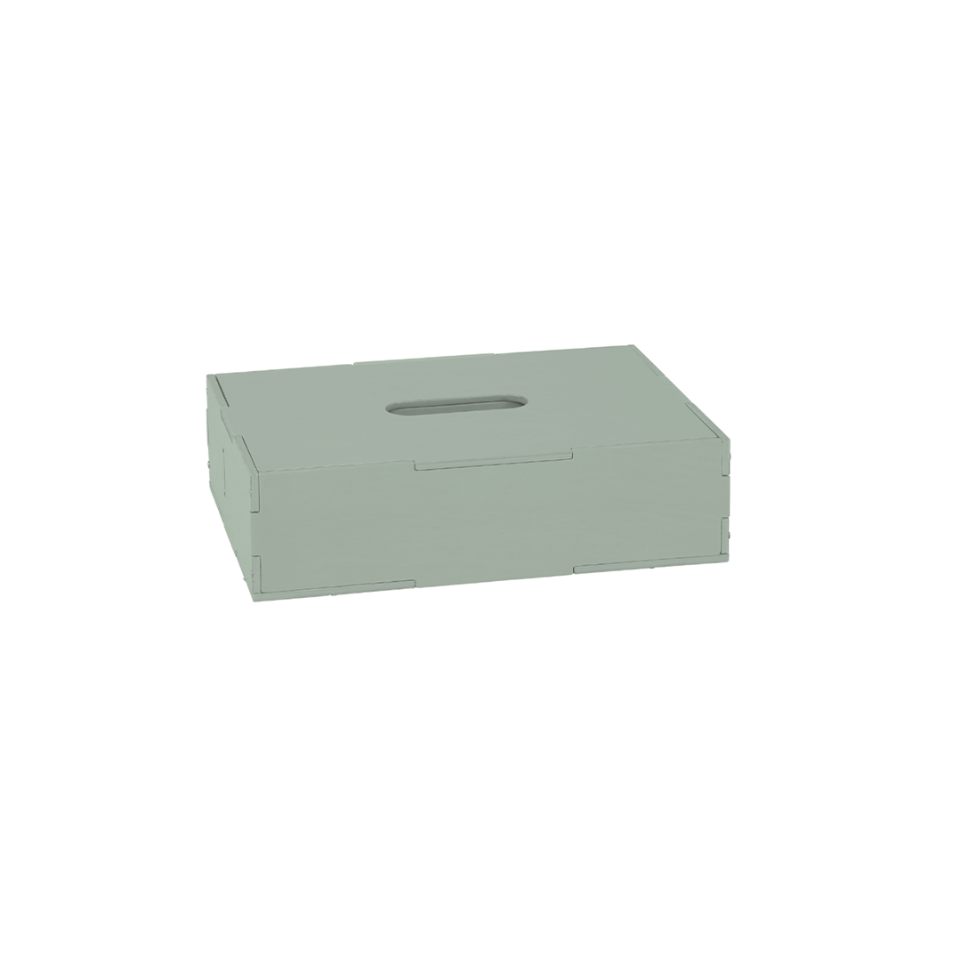 A light sage green rectangular storage box with a recessed handle on top, shown on a plain white background.