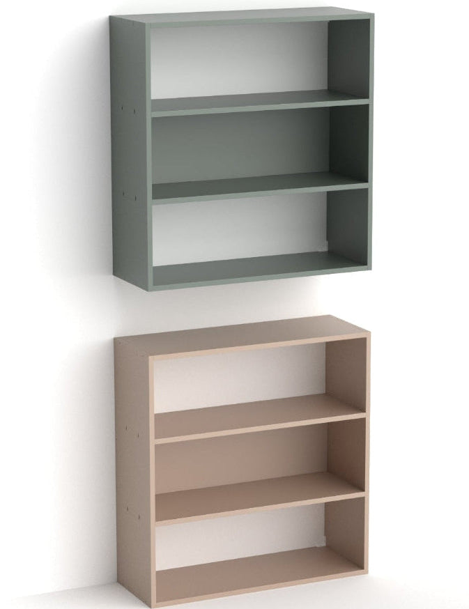 Two three-tier open bookcases shown against a plain white background, one in muted gray-green and one in light natural wood.