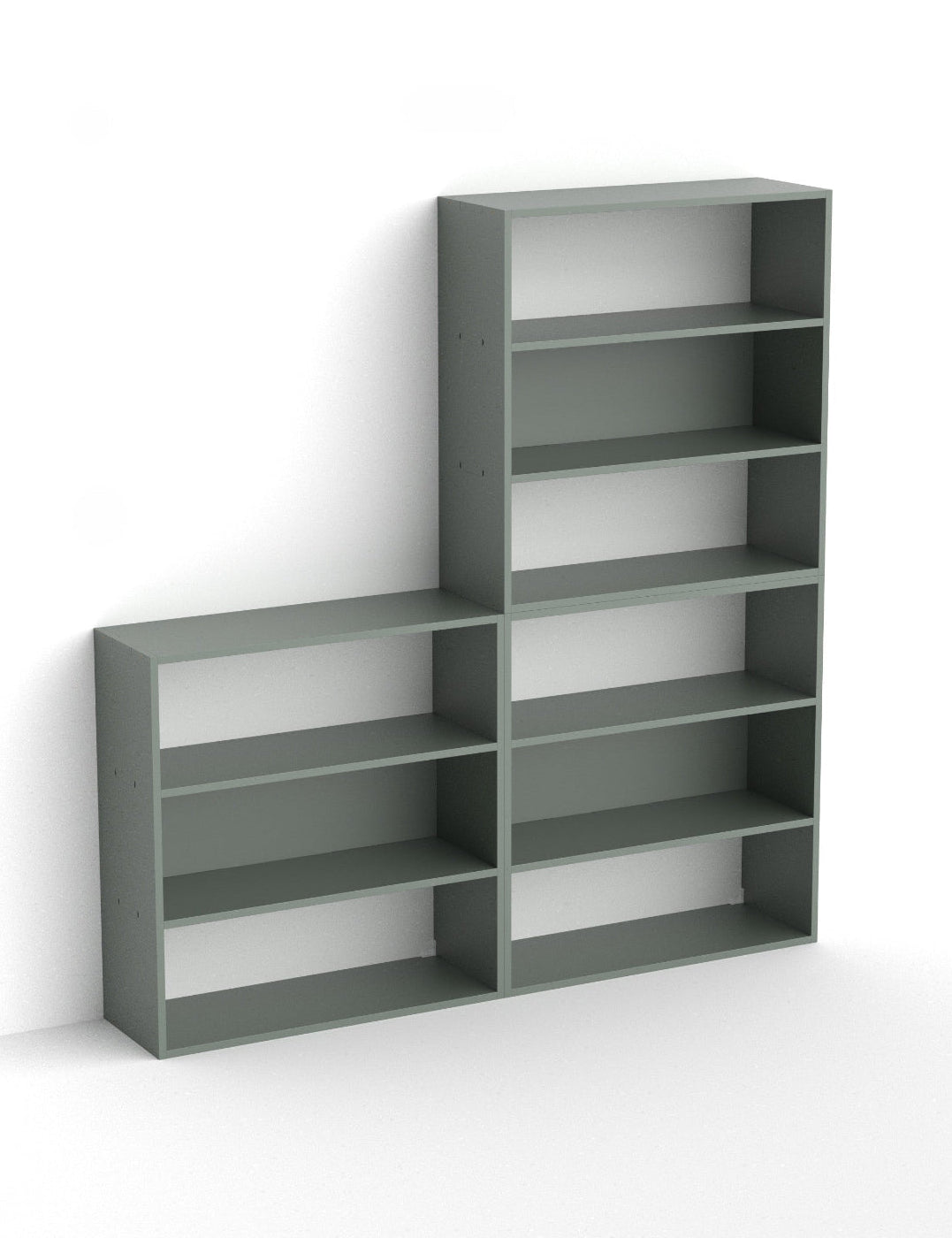 A modern L-shaped bookcase in a muted gray-green color, featuring a tall column of five shelves on the right and four open cubbies on the left, shown against a plain white background.