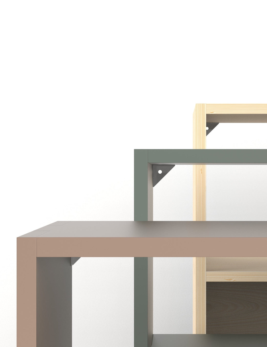 Close-up of a minimalist wooden shelf or desk frame in light natural wood, with a muted sage green vertical post and a taupe tabletop against a clean white background.