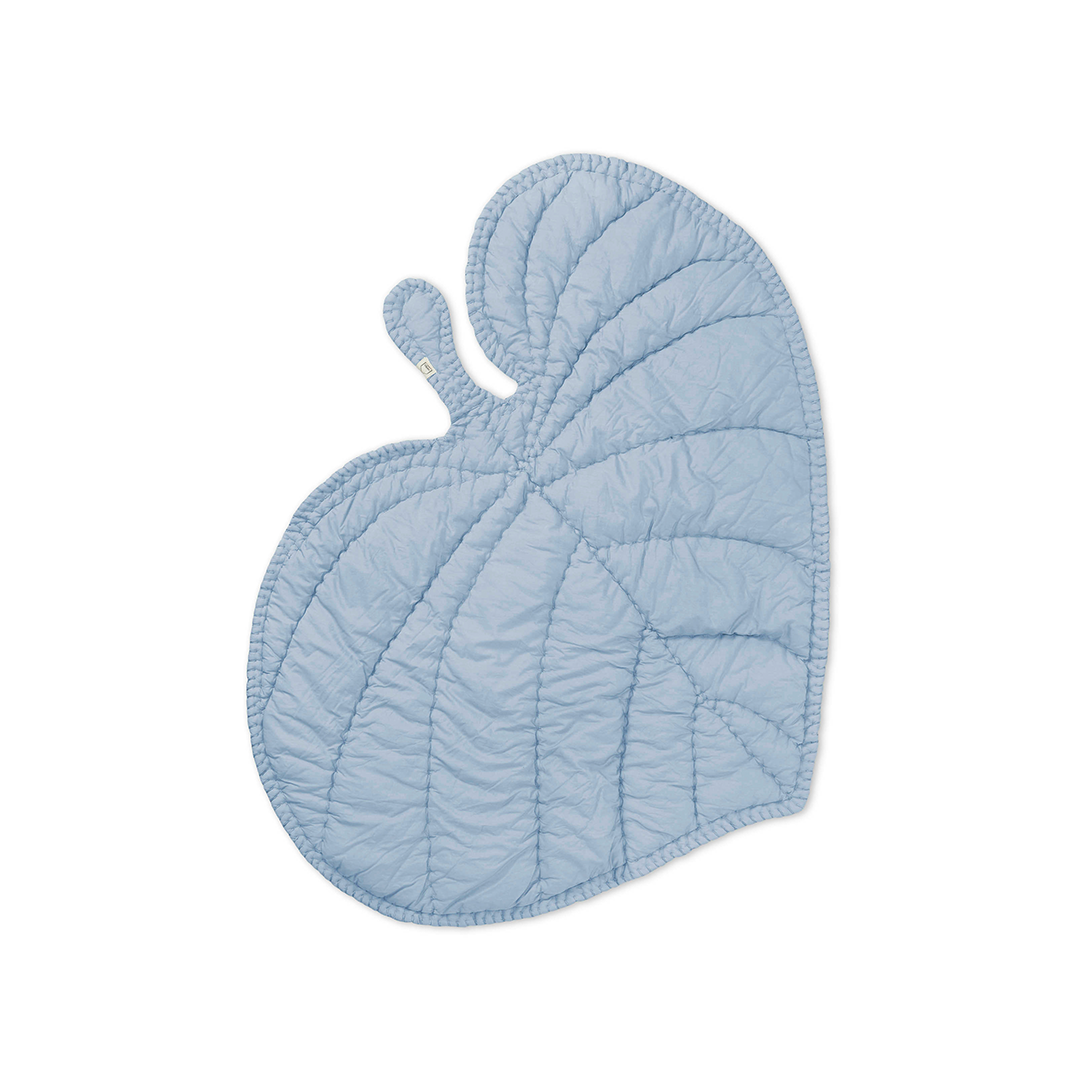 A light blue quilted leaf-shaped baby blanket or swaddle with a small integrated handle, shown on a plain white background.
