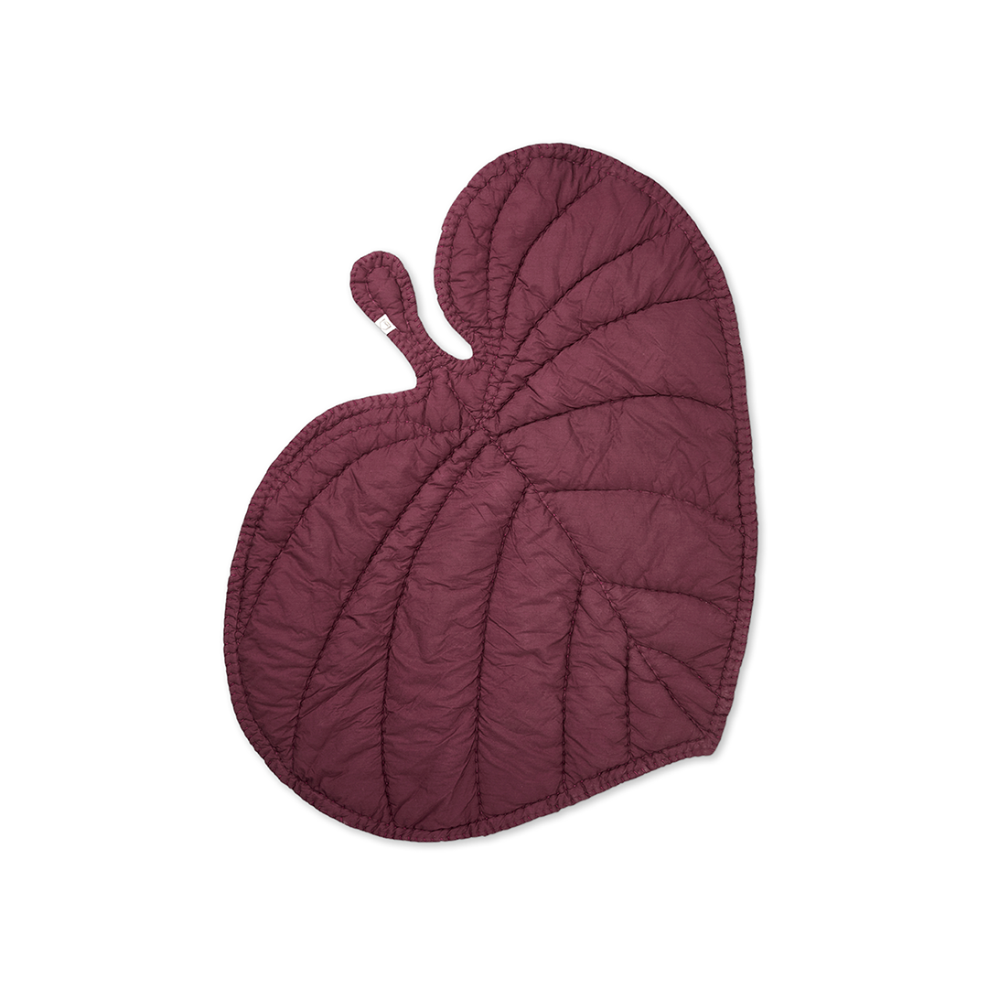 A single quilted leaf-shaped oven mitt in a deep burgundy or plum color, shown flat against a solid white background.